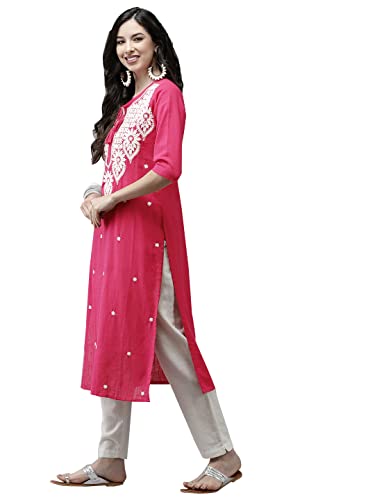 Image of ishin Women's Cotton A-Line Embroidered Beads and Stones Floral Print Pink Kurti
