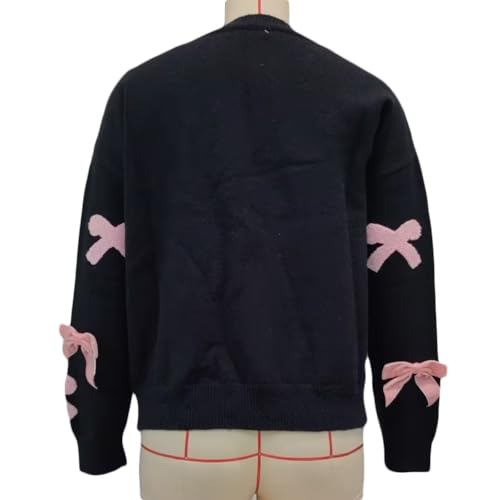 Image of Women Ribbon Knit Sweater Autumn Winter Long Sleeve Grunge Preppy Bowknot Pullovers Vintage Y2K Cottage Knitwear (A Black Bowknot Sweater, S)