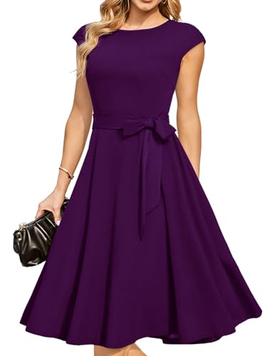 DRESSTELLS Cocktail Dresses, Formal Wedding Guest Easter Dresses for Women 2026 1950s Vintage Tea Party Aline Midi Modest Prom Dress Grape Purple XL