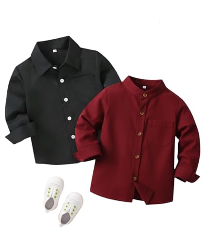 Image of Boys Shirt, Black and White Plaid and Light Blue Solid, Long Sleeve Button-Up, 2 Pack