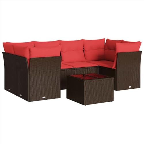 vidaXL Garten Sofa Garnitur 7-TLG., Gartenmöbel Set mit Kissen, Sitzgruppe für Garten Terrasse, Modular Gartensofa Lounge, Tisch mit Glasplatte, Braun Poly Rattan