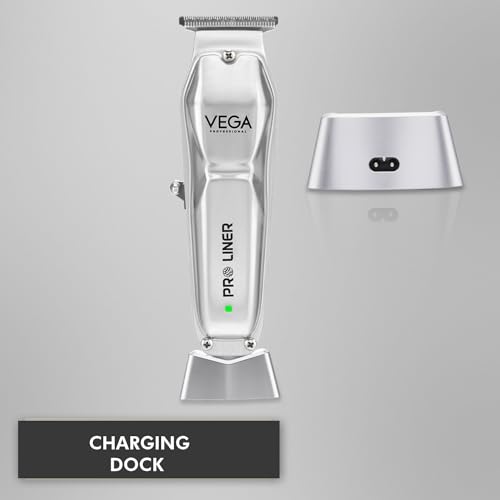 VEGA PROFESSIONAL Men Pro Liner Battery Powered Hair Trimmer Salon And Home Use With Stainless Steel Blades, 240 Mins Runtime, And Charging Dock, Silver (Vppht-03)