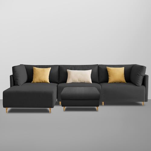 Image of Carina LHS 4 Seater L Shape Sofa Set with Center Table for Living Room (Black Fabric) Premium Fabric Sofa