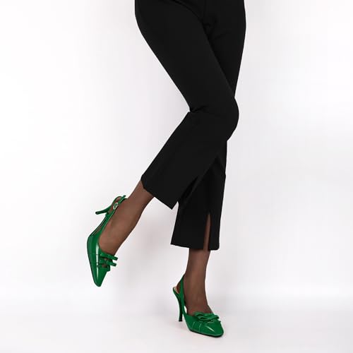 Womens Sling Back Heels with Bow Heels Stiletto High Heels 3.5 Inch Slip On Square Toe Pumps for Casual Work Daily Patent Leather Green US Size 102