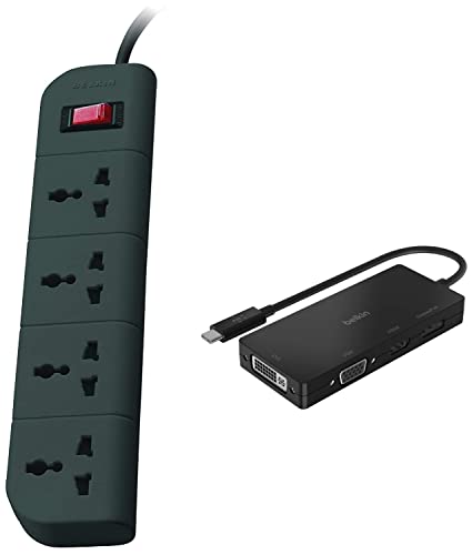 Image of Belkin USB-C Multi Port Display Adapter (with Tethered USB-C Cable) - Connectivity for USB-C to DVI Port, VGA Port, 4K HDMI Port & Essential Series F9E400zb1.5MGRY 4-Socket Surge Protector