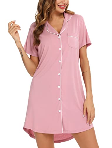 Leikar Nightgowns For Women Button Down Pajamas Dress Short Sleeve Sleepwear S-Xxl #TOP2