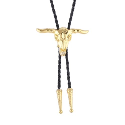Image of GelConnie Longhorn Bull Bolo Tie for Men Native American Western Cowboy Leather Necktie Bolo Necklace for Women Gold Texas