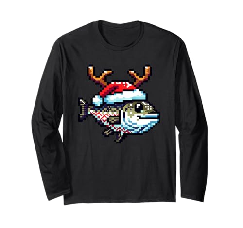 Merry Fishmas Sea Bass Ugly Christmas Fish Reindeer Santa Maglia a Manica