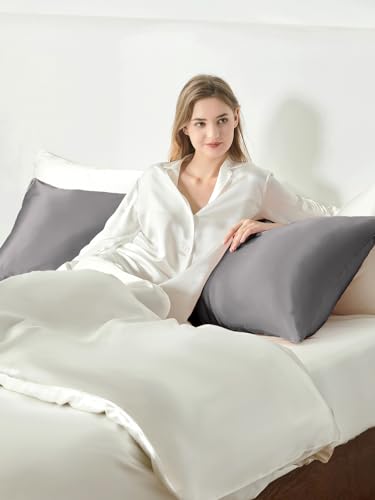 Image of THXSILK Set of 2 100% Mulberry Silk Pillowcase for Hair and Skin, Grade 6A+ Mulberry Silk Pillow Cases Ultra-Soft, Hypoallergenic Pillow Case Cover with Zipper (Body Size 20 inchx54 inch, Gray)