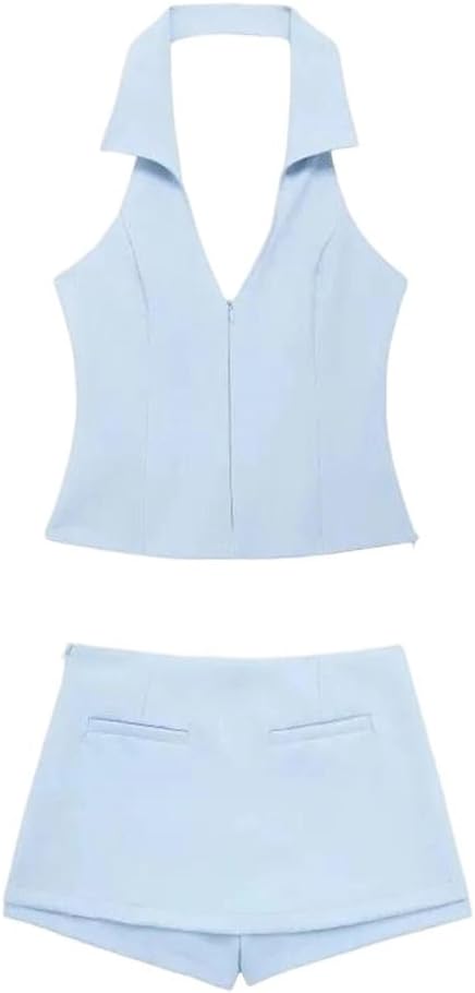 Women's Two Piece Set V-Neck Sleeveless Backless Zipper Mini Skirts Shorts Suits