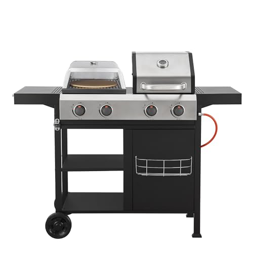 Woodland Grill 3-in-1 Gas BBQ with Pizza Oven, Hot Plate and Barbecue Grill - Stainless Steel, 4 Burner, Built-in Thermometer, Foldable Shelves, Rubber Wheels, Tool Hooks, Storage Basket - OC01BQ31005