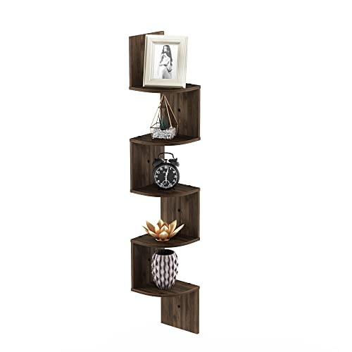 Image of Furinno Rossi Wall Mount Floating Corner Shelf, 5-Tier Radial, Columbia Walnut