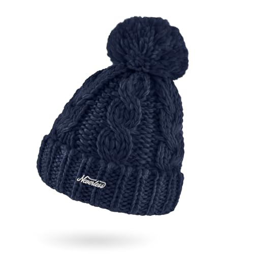 Neverless® Damen Mütze Grobstrick Strick-Bommel Pudelmütze Zopfstrickmuster Wintermütze Umschlag Navy Unisize