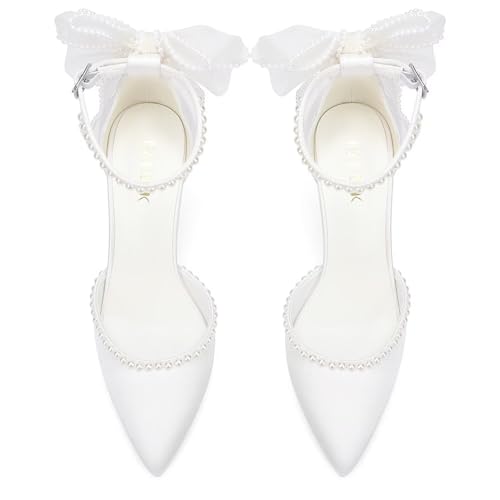 High Heel Wedding Shoes for Bride Pointed Toe Bridal Shoes Pearl Heels Bow Tie Back Wedding Heels2