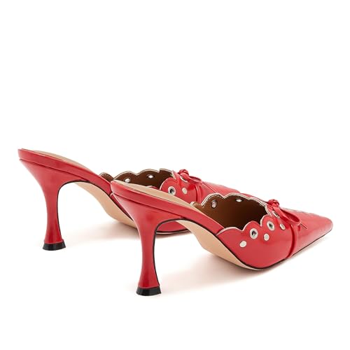 Image of Kitten Heel Mules for Women Bow Tie Suede Stiletto Heels Mule Pointed Toe Studs Slide Heeled Sandal Pumps for Wedding Dress Party