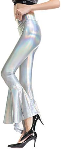 Shiny Metallic Skinny Flare Bell Bottom Pants for Women, Wet Look Mermaid Stretchy High Waisted Leather Disco Pants (Multicolor, S)