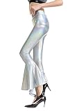 Shiny Metallic Skinny Flare Bell Bottom Pants for Women, Wet Look Mermaid Stretchy High Waisted Leat