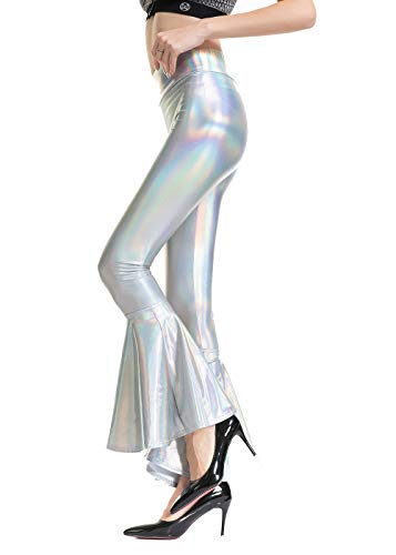 Shiny Metallic Skinny Flare Bell Bottom Pants For Women, Wet Look Mermaid Stretchy High Waisted Leather Disco Pants (Multicolor, S) #TOP2