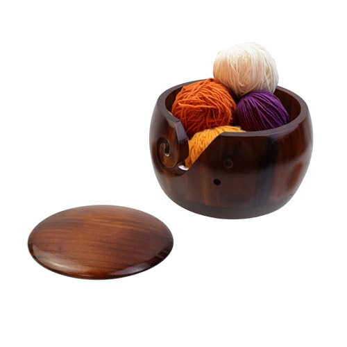 Image of Oedema Wooden Yarn Storage Bowl Crafted Yarn Bowl with Lid Crochet Bowls for Yarn, Knitting, Crocheting, 5.91inchx3.74inch, Brown