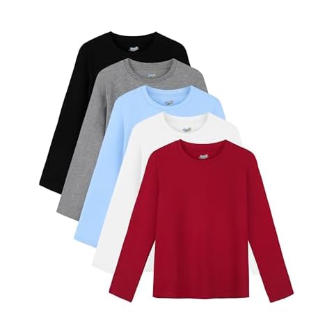 Semois 5 Pack Boys Long Sleeve Shirts Boys' Cotton Crew Neck Basic Long Sleeve Tees Soft Kids' Long Sleeve T-Shirts Top Cover