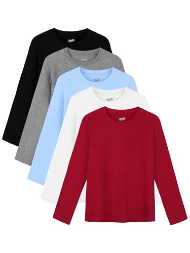 Semois 5er-Pack Jungen Langarmshirts Jungen Baumwolle Rundhals Basic Tees Soft Kinder Langarm T-Shirts Top, Schwarz, Rot, Grau, Weiß, Hellblau, 7-8 Jahre