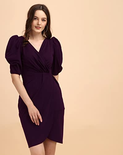 Image of Sheetal Associates Women's Puff Sleeve V-Neck Bodycon Casual Mini Dress