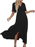 DEEP SELF 2022 Women's Summer Casual V Neck Short Sleeve Wrap Maxi Dress Split Belted Wrap Long Dress Black