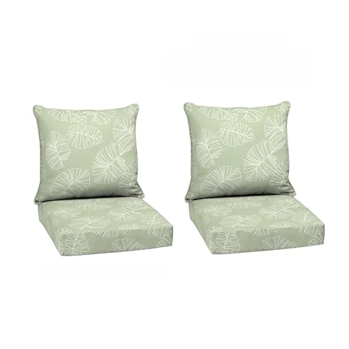 Image of Arden Outdoor Deep Seat Cushion Set (2-Pack), 24 in x 24 in, Weather-Proof, Rain-Proof, Fade Resistant Patio Cushion for Chair, Sofa, and Couch Coastal Green Leaf