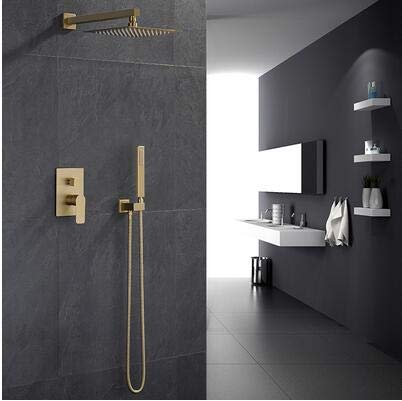 Robinet de douche mural violet avec pommeau et douchette dorée