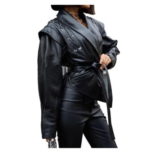 ZRHWSPD Chaqueta Cuero Mujer Chaqueta vintage de piel sintética irregular for mujer, blazer, abrigo ajustado con cordones for otoño e invierno, ropa calle, cinturón for, prendas(Black,L)