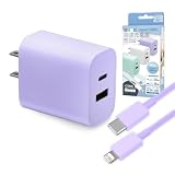 急速充電器 ライトニング iphone ケーブル付 PD 20W 充電器 2ポート type-c Android acアダプター USB 高速 スマホ カラフル おしゃれ (パープル, AC充電器+タイプC to ライトニング)