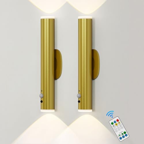 HARPER LIVING Gold Battery Operated Wall Lights with Motion Sensor Rechargeable Wall Lamp Indoor Dimmable & 3 Colours LED Wall Sconce Lights for Living Room Bedroom Hallway Power Cut (Set of 2)
