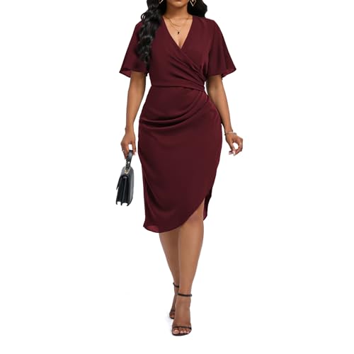 Image of Women's Wrap V Neck Asymmetrical Hem Midi Ruched Cocktail Evening Dress | Back Zipper, Regular Fit, Club Night, Semi Office Formal, Wedding Dinner Date, Flutter Short Sleeve, High Low Irregular Hem