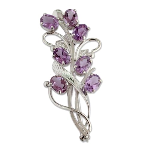 NOVICA Artisan Crafted Amethyst Floral Brooch Pin | Sterling Silver