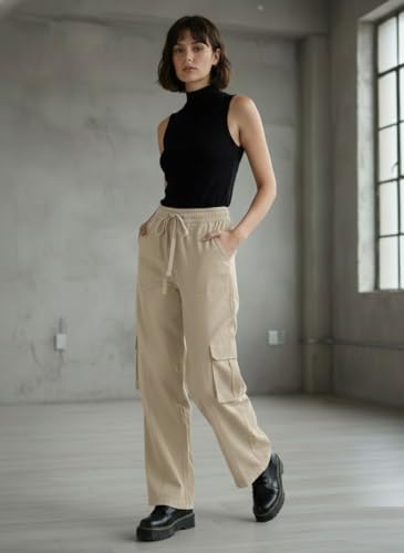 Image of SMOWKLY Women's Casual Cargo Pant| Baggy Fit Multi Pocket Streetwear Pants | High Waist Cargo Trousers | Stretchable Cotton Blend Utility Pants for Women |Office & Casual Wear