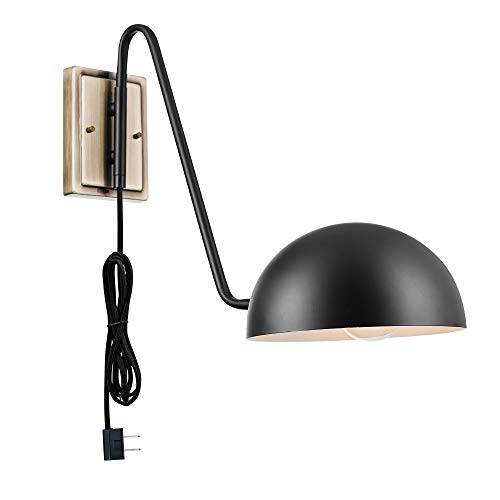 Globe Electric 51373 1-Light Plug-In Wall Sconce, Matte Black, Antique Brass Backplate, Black Cloth Cord, Wall Lighting, Wall Lights For Bedroom Plug In, Kitchen Sconces Wall Lighting #TOP5