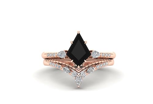 Kite Shaped Black Onyx Engagement Ring Set Rose Gold Unique Black Stone Silver Art Deco Wedding Ring for Women Vintage Bridal Promise Ring Set