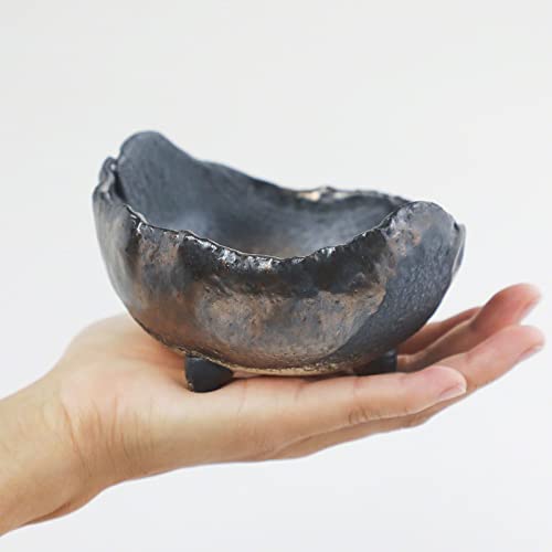 Wazakura Banko Series Japanese Handmade Rustic Crescent Shape Bonsai Pot 4.72 In (120 Mm), Made In Japan Ceramic Garden Planter, Unglazed Houseplant Bowl - Black And Brown #TOP3