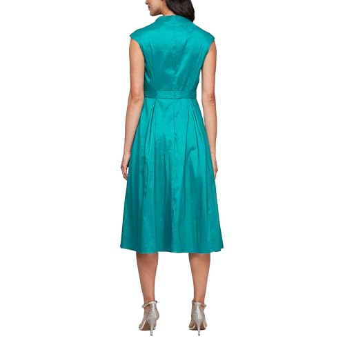 Image of Alex Evenings Women's Stretch Taffeta Wedding Guest Dress with Full Skirt, Pockets, and Tie Belt (Petite and Regular Sizes)