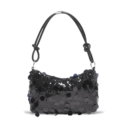 AndThere Bolso de mano de lentejuelas brillante para mujer, bolso de mano pequeño Y2K con cremallera, bolsa de axila, bolsa de mano brillante para bodas, fiestas, viajes, Black, 23x15x7