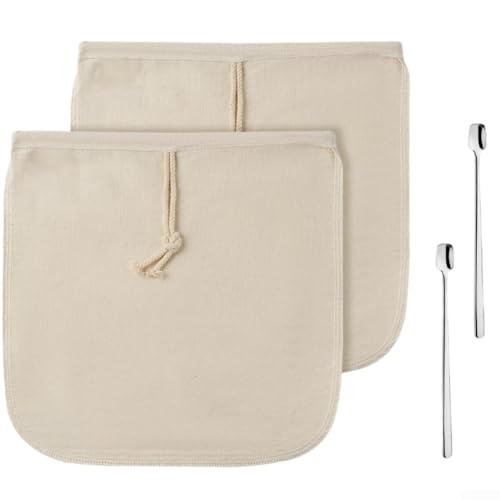 2 Pack Organic Cotton Cold Brew Coffee Bags, reusable filters with secure drawstring closure to brew smooth, grit coffee in various container types