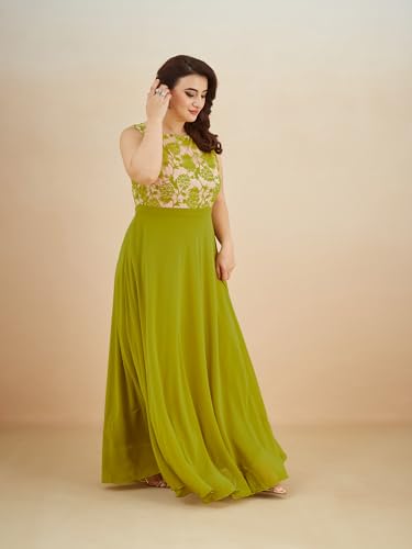 Image of Miss Chase A+ Women's Round Neck Sleeveless Georgette Floral Lace Fit & Flare Maxi Dress