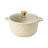 Dutch Oven mit Deckel, 7 Qt emailliertes Gusseisen, Creme mit goldenen Details, Rautenmuster außen