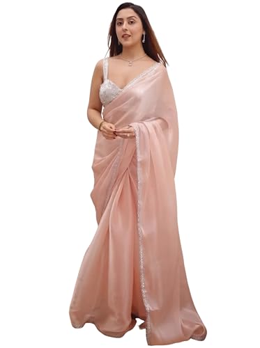 Image of Amazon Brand - Tavasya Women's Baby Pink Jimichu Silk Saree with Elegant Lace Embroidery Work and Satin Blouse Piece - Perfect for Weddings, Parties & Festive Occasions