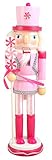 Needzo Pink Nutcracker Christmas Figure with a Peppermint Staff, 14 Inch
