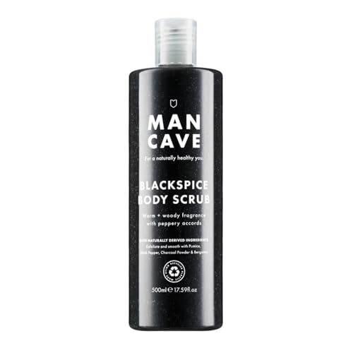 ManCave Blackspice Gommage corporel 500 ml pour homme, arôme chaud et boisé, exfolie et nettoie la peau avec poudre de pierre ponce et charbon de bois, formule naturelle, adapté aux végétaliens,