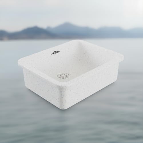 Image of ARQUIN Quartz Kitchen Sink 24x18x9 Inch Sand Pluto Round Corner | Single Bowl Sink | Durable & Scratch-Resistant | Undermount /Topmount Including Coupling, Waste Pipe & Fruit Washing Basket