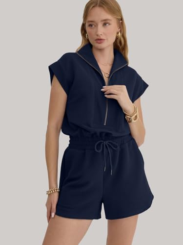 Image of Rompers for Women Summer Short Sleeve Half Zip Lapel Collar Jumpsuit Casual Drawstring One Piece Outfits with Pockets