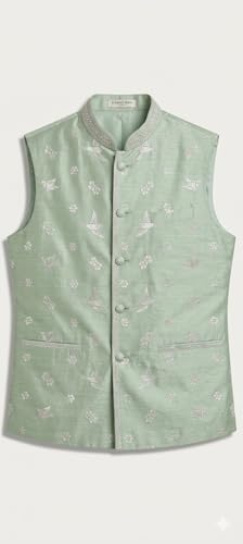 Image of Men's Mint Green Embroidered Nehru Jacket