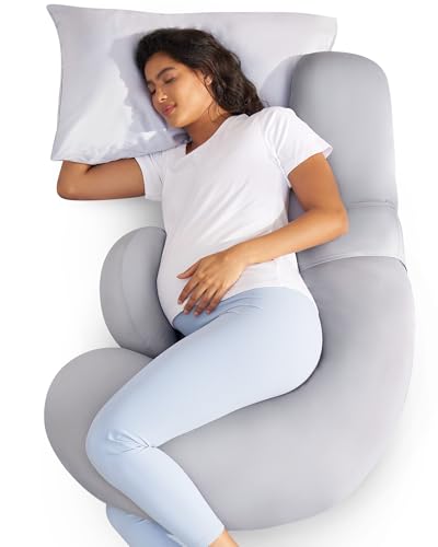 Image of Momcozy Cooling Pregnancy Pillow,Original F Shaped Maternity Pillow for Pregnant Women with Adjustable Wedge Pillow, Full Body Support Pregnancy Pillows for Side Sleeping with Velvet Cover, Light Grey